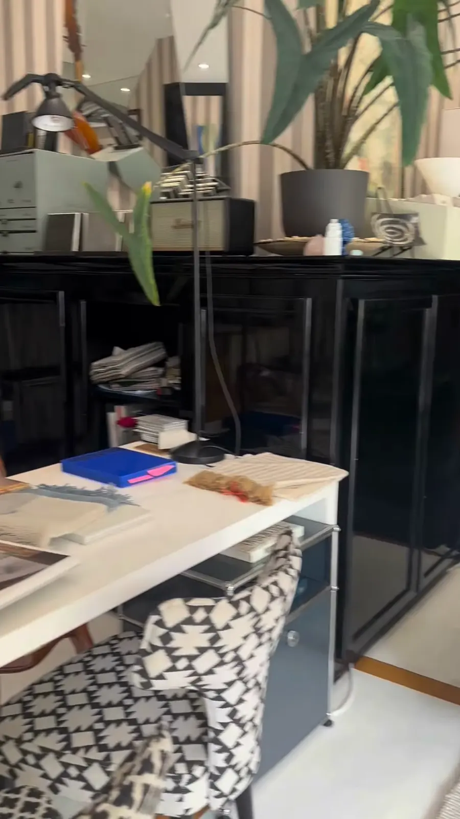 Secretária do atelier com plantas e amostras